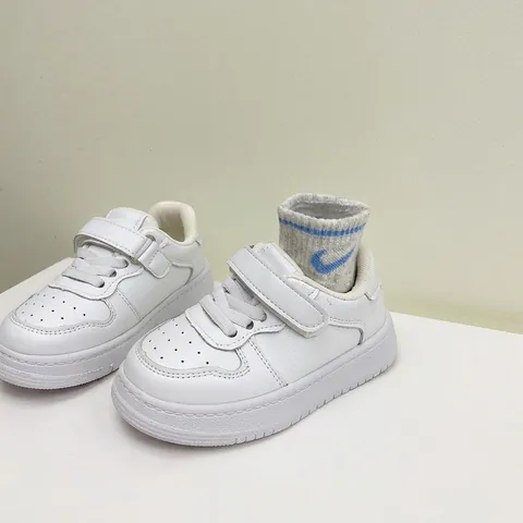 Toddler White Microfiber Leather Sneakers Soft Sole Non-Slip Hook And Loop Fastener Skate Shoes Lightweight First Walker Casual Boy Girl Footwear