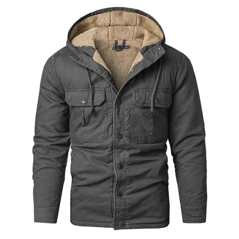 Heren Zware Gevoerde Jas Sherpa Gevoerd Met Capuchon Katoen Werkkleding Top Multi Pocket Warm Losse Pasvorm Winter Outdoor Mantel