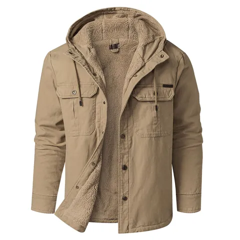 Heren Zware Gevoerde Jas Sherpa Gevoerd Met Capuchon Katoen Werkkleding Top Multi Pocket Warm Losse Pasvorm Winter Outdoor Mantel