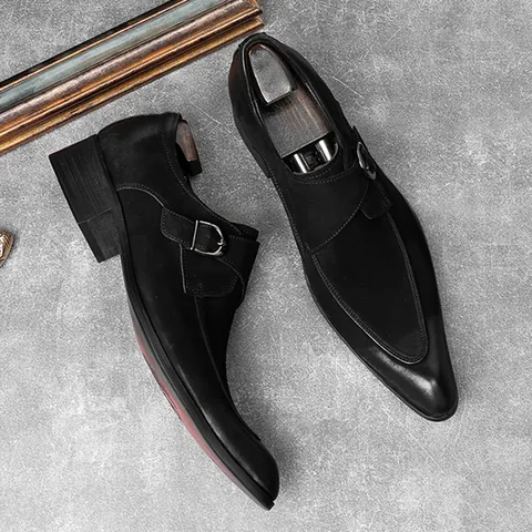 Fashion Men Pointed Toe Monk Strap Leather Shoes Suede Business Formal Dress Performance Wedding Party Cowhide Gentlemen Footwear