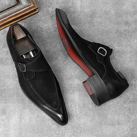 Fashion Men Pointed Toe Monk Strap Leather Shoes Suede Business Formal Dress Performance Wedding Party Cowhide Gentlemen Footwear