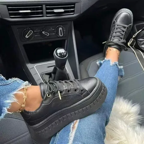 Women's Platform Sneakers PU Leather Thick Sole Casual Shoes Round Toe Lace Up Sporty Sneakers Spring Autumn Fashion Footwear