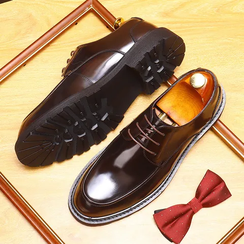 Men's Formal Leather Derby Shoes British Style Shiny Patent Cowhide Thick Sole Round Toe Oxford Shoes Office Business Wear