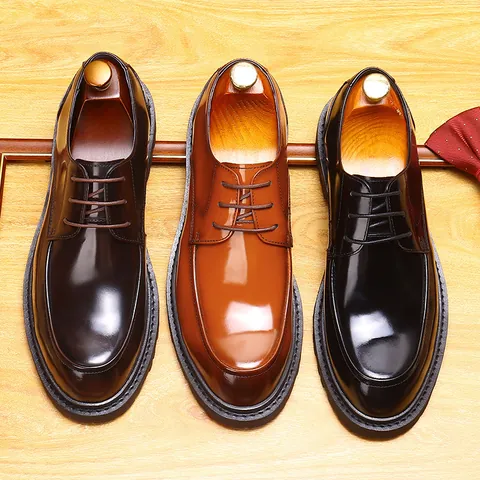 Men's Formal Leather Derby Shoes British Style Shiny Patent Cowhide Thick Sole Round Toe Oxford Shoes Office Business Wear