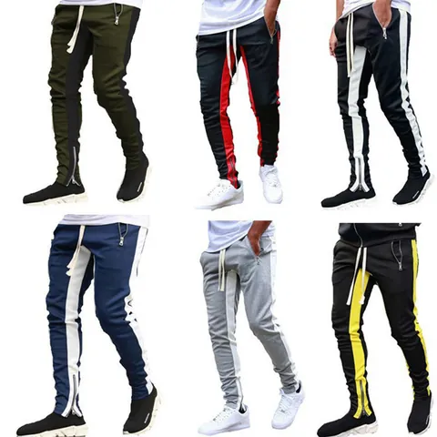Men's Casual Color Block Sweatpants Side Stripes Tapered Joggers With Zipper Pockets Fashion Hip Hop Sport Tracksuit Bottoms