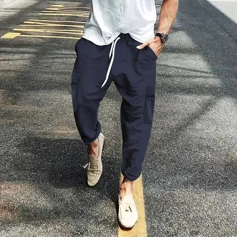 Men's Autumn Corduroy Cargo Pants Loose American Drawstring Sweatpants Casual Straight Leg Trousers For Teens
