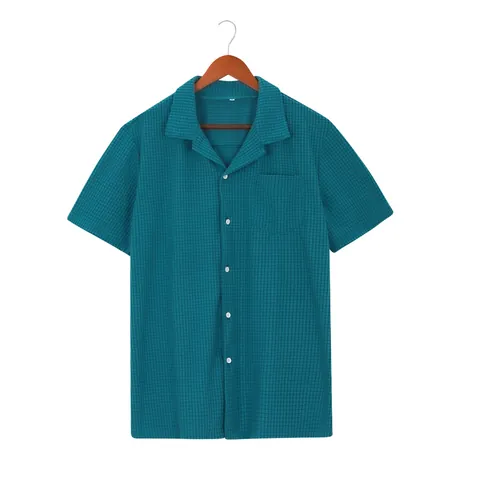 Camicia da Uomo in Maglia a Nido d'Ape a Manica Corta Casual Minimalista Colletto a Revers Monopetto Estiva Moda