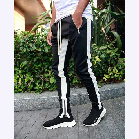Men's Casual Color Block Sweatpants Side Stripes Tapered Joggers With Zipper Pockets Fashion Hip Hop Sport Tracksuit Bottoms