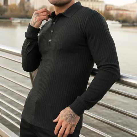 Men's Outdoor Sport Fitness Casual Ribbed Long Sleeve Polo Shirt Slim Fit Vertical Striped Button Down Textured Top