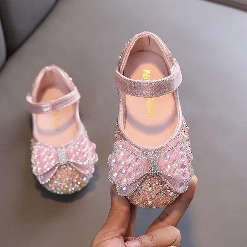Girls Princess Shoes PU Rhinestone Artificial Pearl Bowknot Performance Dance Single Shoes Non-slip Soft Sole Kids Flat Shoes
