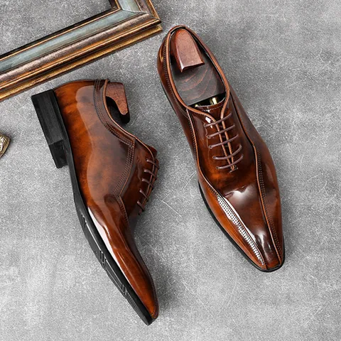 Men Genuine Cowhide Leather Derby Shoes Business Formal Lace-up Shoes Polished Patina Wedding Dress Shoes For Men Gentleman