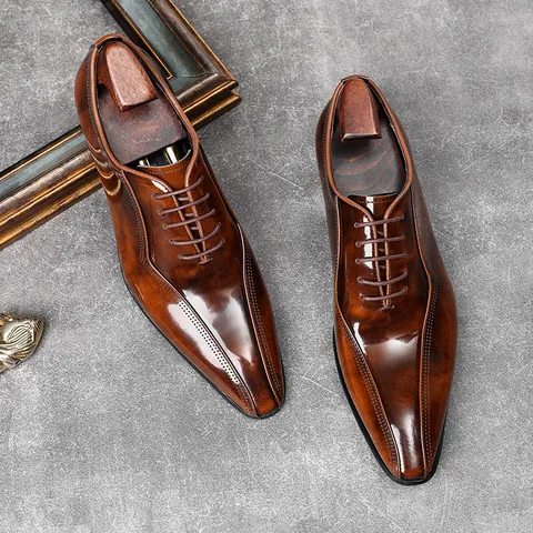 Men Genuine Cowhide Leather Derby Shoes Business Formal Lace-up Shoes Polished Patina Wedding Dress Shoes For Men Gentleman
