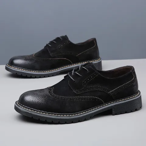 Chaussures Richelieu Brogue en Cuir Véritable pour Hommes Sculpture Wingtip Style Britannique Vintage Chaussures de Ville Business Semelle en Caoutchouc Lacets
