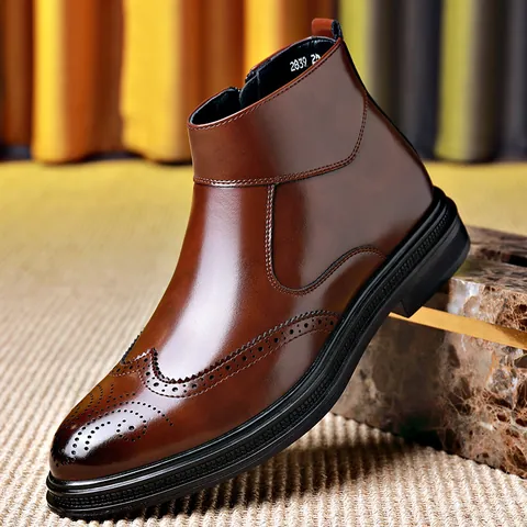 Botas Martin Brogue para Hombre Estilo Británico Caña Alta Cremallera Lateral Botas de Trabajo de Cuero Retro Casual Antideslizante