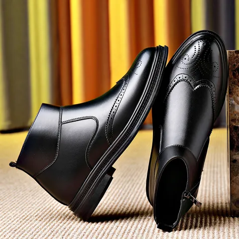 Botas Martin Brogue para Hombre Estilo Británico Caña Alta Cremallera Lateral Botas de Trabajo de Cuero Retro Casual Antideslizante