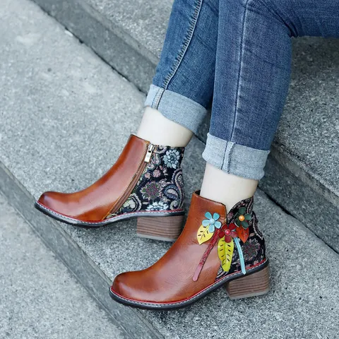 Vintage Handgemaakte Schapenvacht Enkellaarsjes Voor Dames Retro Boheems Etnisch Bloemen Blokhak Chelsea Boots