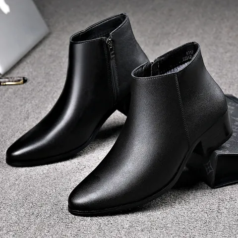 Herren Leder Chelsea Boots Spitz zulaufend Martin Stiefel Winter Warm Mode Reißverschluss Mittlerer Absatz Business Lederstiefel