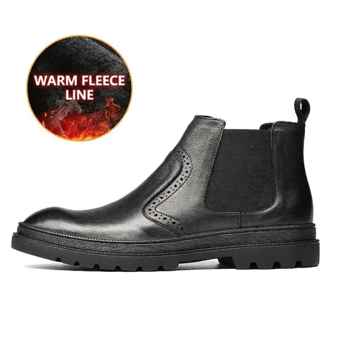 Men's Retro Top Layer Cowhide Leather Chelsea Boots Warm Fleece Lined Brogue Detailing Mid-Top Non-Slip Business Casual Winter Boots