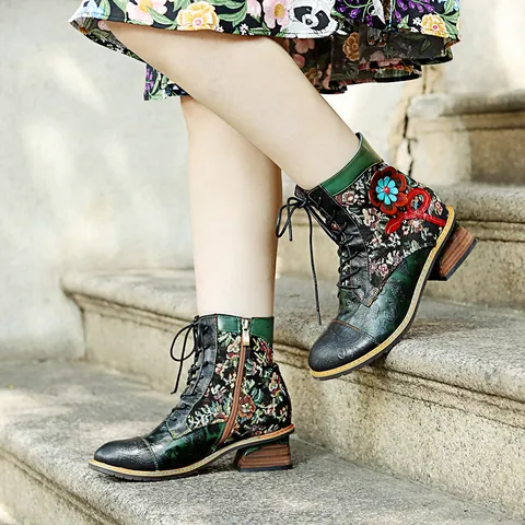 Dames Retro Met de Hand Gepolijst Leer Bloemen Patchwork Enkellaarzen Boheems Etnisch Stiksel Blokhak Cowboylaarzen