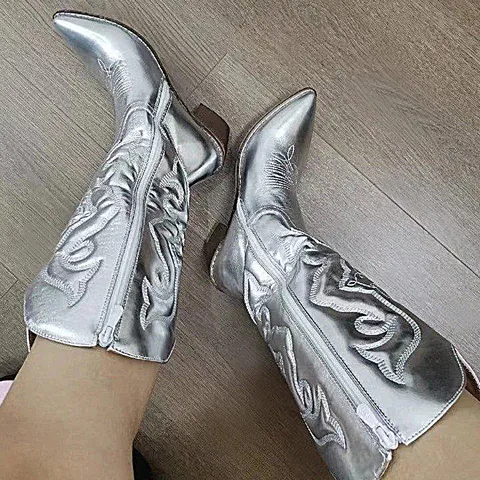 Metallic Faux Leather Embroidered Cowboy Boots For Women Pointed Toe Block Heel Mid-Calf Martin Boots Western Boots
