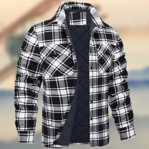 Men Casual Plaid Padded Jacket Long Sleeve Lapel Button Up Outerwear Winter Warm Checkered Top For Men Clothing