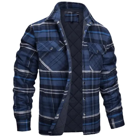 Men Casual Plaid Shirt Jacket Long Sleeve Turn-down Collar Button Down Quilted Padded Outerwear Flannel Streetwear Coat