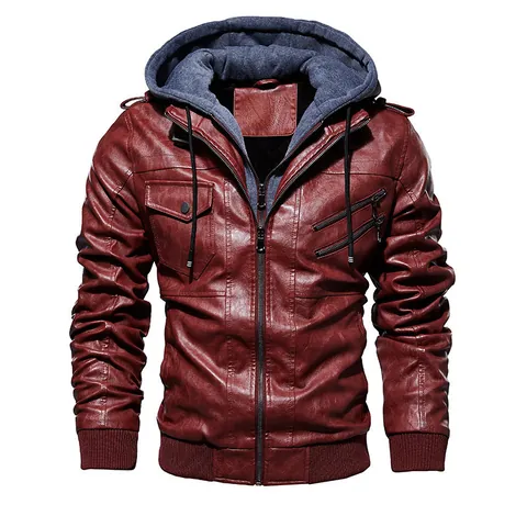 Men Fleece Lined PU Leather Jacket Hooded Faux Two Piece Winter Windproof Biker Jacket Motorcycle Outerwear For Men