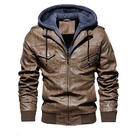 Men Fleece Lined PU Leather Jacket Hooded Faux Two Piece Winter Windproof Biker Jacket Motorcycle Outerwear For Men
