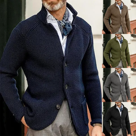 Men Slim Fit Stand Collar Knitted Cardigan Sweater Jacket Acrylic Solid Color Long Sleeve Casual Waffle Knit Button Up Top