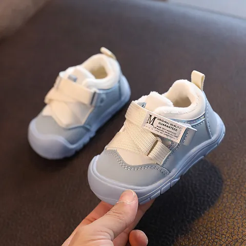 Toddler Kids Winter Warm Fleece Lined Walking Shoes Color Block Velcro Mesh Sneakers For Boys Girls Baby Casual Cotton Shoes