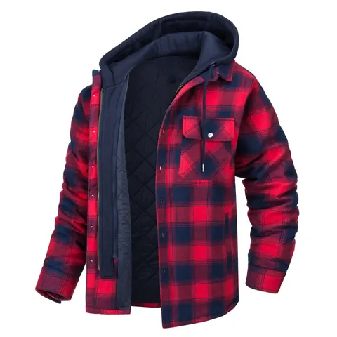 Men's Plaid Hooded Jacket Detachable Hood Quilted Lined Long Sleeve Top Polyester Casual Plaid Printed Jacket Coat