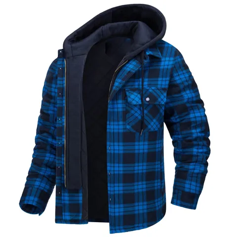 Men's Plaid Hooded Jacket Detachable Hood Quilted Lined Long Sleeve Top Polyester Casual Plaid Printed Jacket Coat