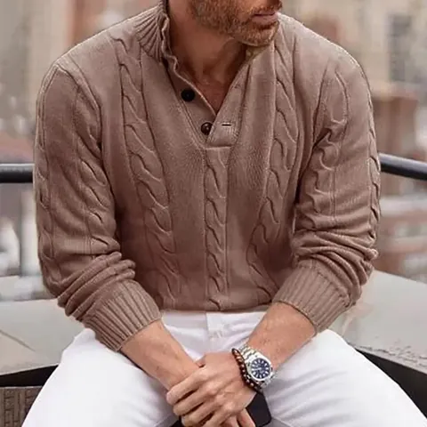 Men's Cable Knit Sweater Vintage Button High Neck Slim Fit Long Sleeve Acrylic Pullover For Autumn Winter Casual Knitwear