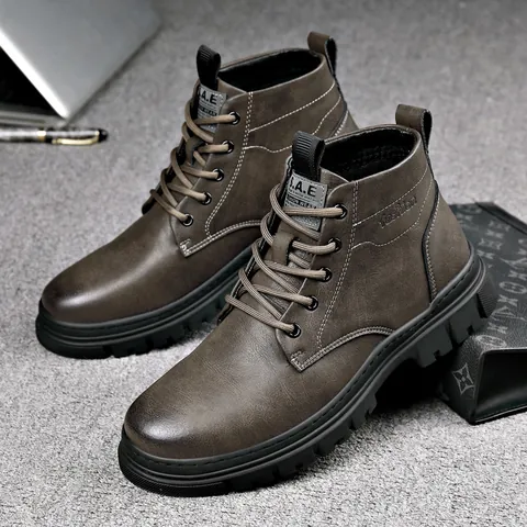 Herren Rindsleder Martin Boots Schnürung Mittlere Höhe Rund Toe Lässige Stiefel Mit Warmem Kunstfell Weiche Gummisohle Arbeitsschuhe
