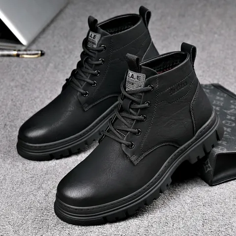 Herren Rindsleder Martin Boots Schnürung Mittlere Höhe Rund Toe Lässige Stiefel Mit Warmem Kunstfell Weiche Gummisohle Arbeitsschuhe