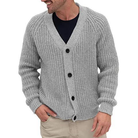 Men's V-Neck Single-Breasted Acrylic Knit Cardigan Jacket Solid Color Long Sleeve Outwear Sweater For Autumn Winter