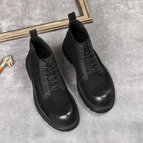 Men Cowhide Leather Martin Boots Thick Sole Round Toe Fleece Lined Warm Winter Work Boots Lace Up Retro Trendy Ankle Boots