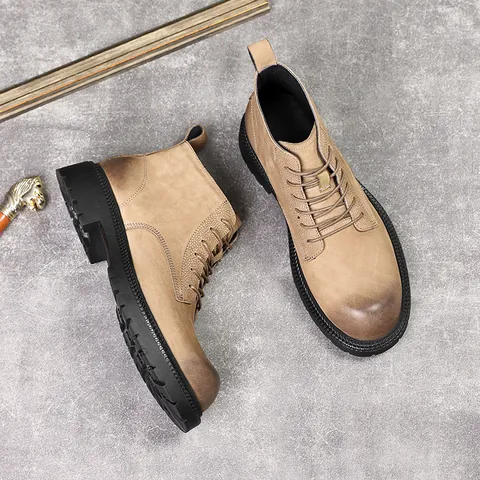 Men Cowhide Leather Martin Boots Thick Sole Round Toe Fleece Lined Warm Winter Work Boots Lace Up Retro Trendy Ankle Boots