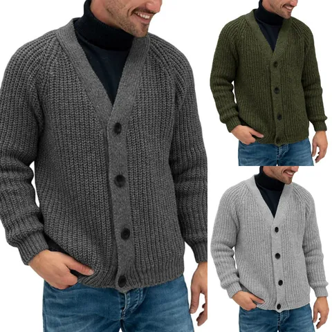 Men's V-Neck Single-Breasted Acrylic Knit Cardigan Jacket Solid Color Long Sleeve Outwear Sweater For Autumn Winter