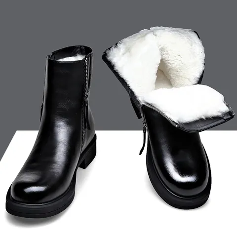 Herren Echtes Leder Chelsea Stiefel Winter Warm Wolle Futter Seitenreißverschluss Dicke Sohle Mode Martin Boots Lederstiefel