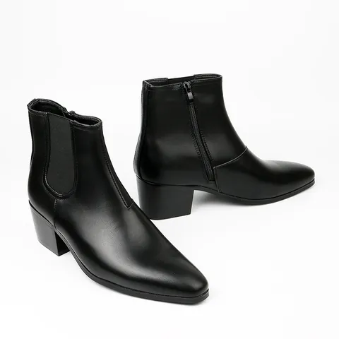 Men's High Heel Chelsea Boots Fashion Square Toe Side Zipper Block Heel Short Boots Height Increasing Casual Men Boots