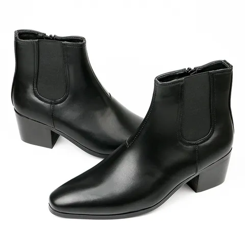 Men's High Heel Chelsea Boots Fashion Square Toe Side Zipper Block Heel Short Boots Height Increasing Casual Men Boots