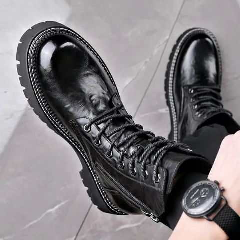Herren Echtleder Martin Stiefel Mode Geprägte Chelsea Stil Lässig Warm Seitenreißverschluss Winter Outdoor Schuhe