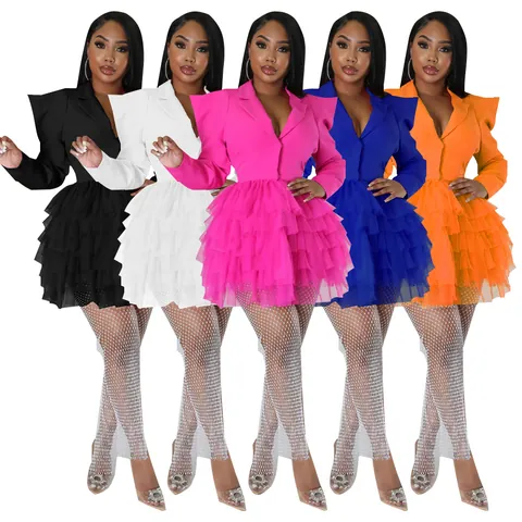 Women Western Style Blazer Collar Tiered Tulle Dress Plus Size Long Sleeve Patchwork Puffy Mesh Mini Dress Fashion Party Wear