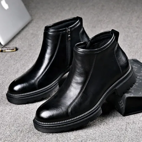 Herren Chelsea Boots Leder Business Mode Seitlicher Reißverschluss Kurzstiefel Winter Warm Fleece Gefüttert Vintage Stiefeletten