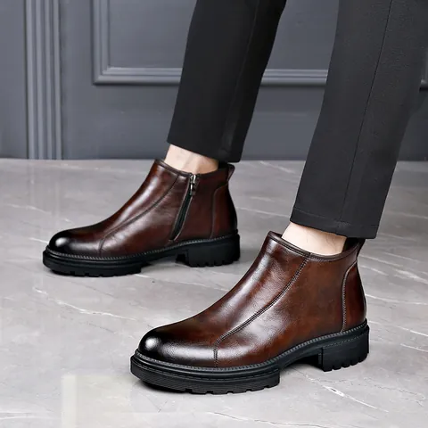 Herren Chelsea Boots Leder Business Mode Seitlicher Reißverschluss Kurzstiefel Winter Warm Fleece Gefüttert Vintage Stiefeletten