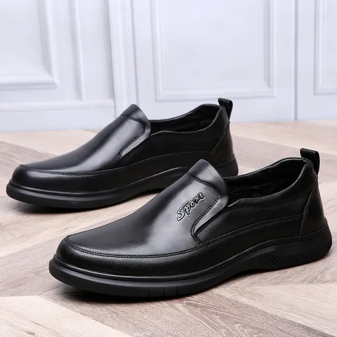 Heren Echt Koeienhuid Leer Casual Schoenen Comfortabele Instapper Zachte Zakelijke Kantoorschoenen Voor Middelbare Leeftijd Papa Schoenen Zwart