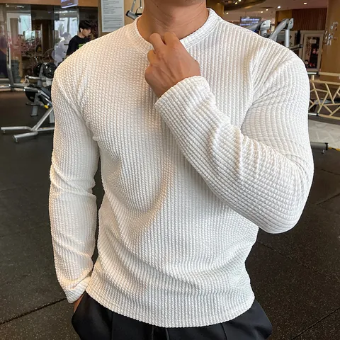 Men Casual Cotton Waffle Knit Top Fashion Long Sleeve Solid Color Round Neck Pullover Knitted Sweatshirt For Autumn Winter
