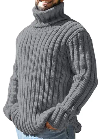 Heren Coltrui Slim Fit Geribbelde Gebreide Pullover Effen Kleur Acryl Top Herfst Winter Mode Herenkleding