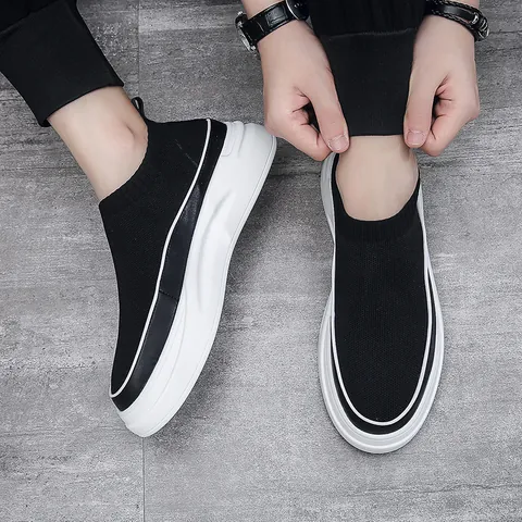Men's Fly-knit Sock Sneakers Breathable Platform Sole Slip-on Casual Shoes Lightweight British Style Walking Board Shoes